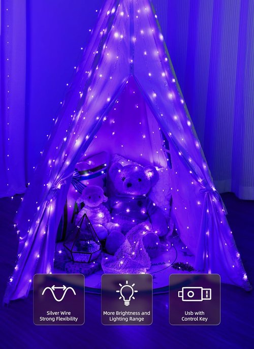 Brightown 300 LED Purple Fairy Curtain Lights - 9.8ft x 9.8ft, USB Plug with 8 Lighting Modes & Remote for Indoor/Outdoor Decor