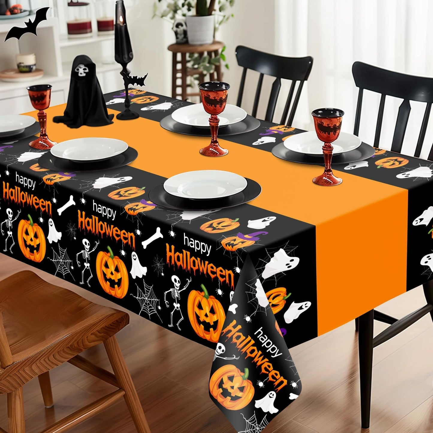 Childom 2 Pack Halloween Tablecloth,Halloween Decorations 54x108 Inch Disposable Plastic Table Cover for Rectangle,Pumpkin Spider Web Ghost Table Cloth for Home Indoor Outdoor Birthday Party Supplies