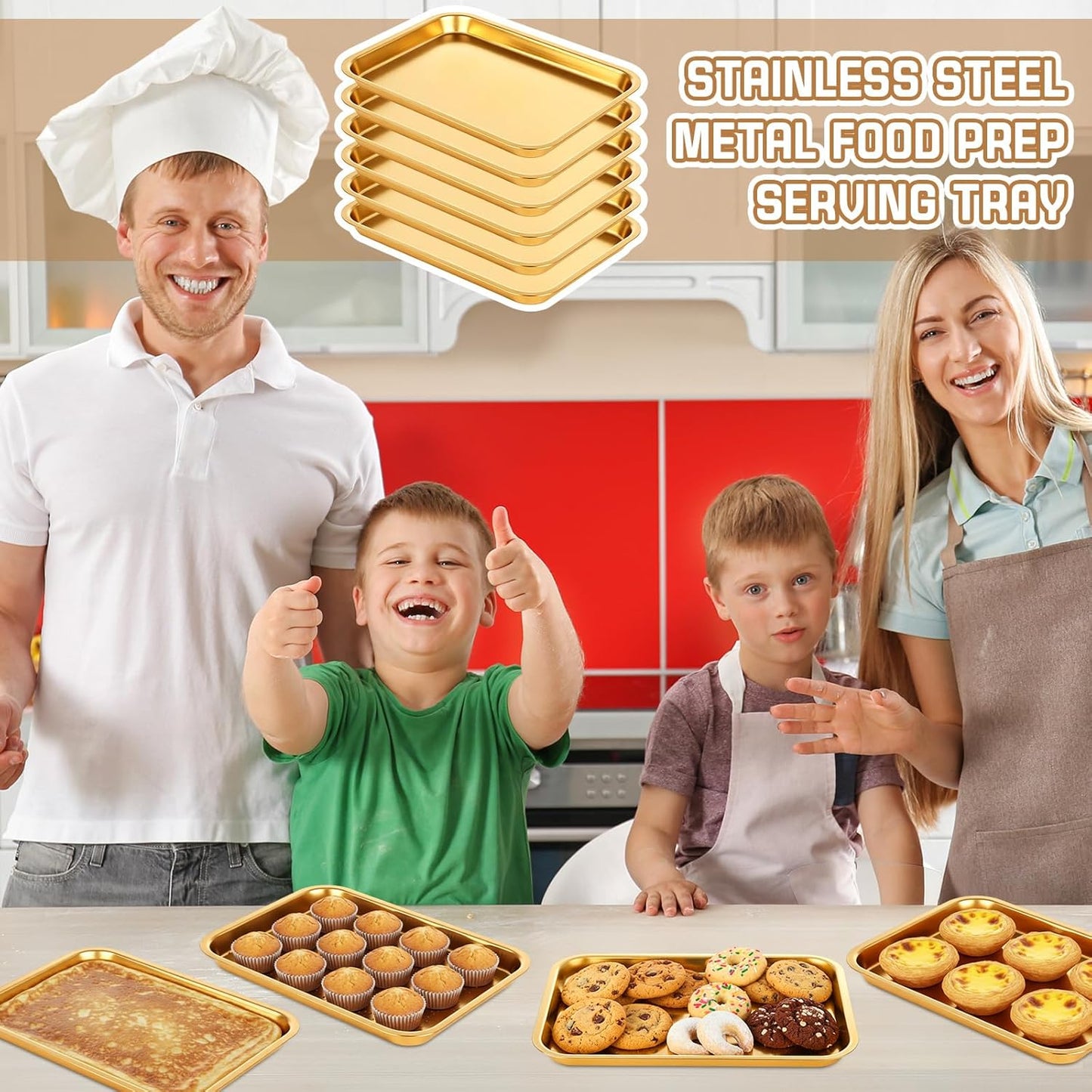 Skiennix Gold Baking Sheets - 6 Pcs Stainless Steel Cookie Tray | Rust-Free, Easy Clean, Dishwasher Safe
