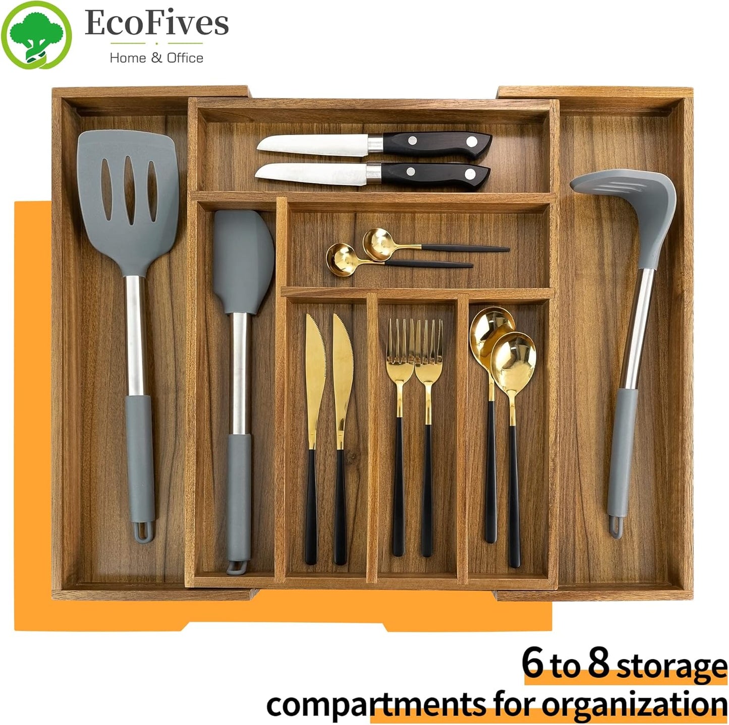 Luxury Acacia Kitchen Drawer Organizer - 8-Slot Silverware and Utensil Holder with Grooved Dividers | 17 x 12.4 x 2 Inch