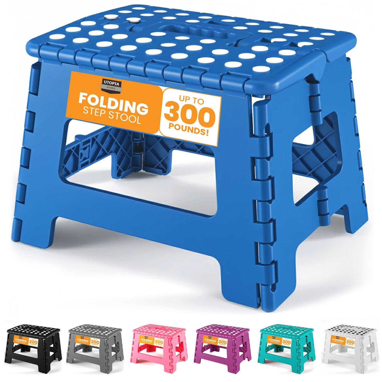 Utopia Home Folding Step Stool with Handle – 9 Inch Anti Slip Collapsible Stool – Holds Up to 300 lbs – Sturdy Plastic Step Stool Foldable for Kitchen, Bathroom and Home Use (1-Pack, Blue)