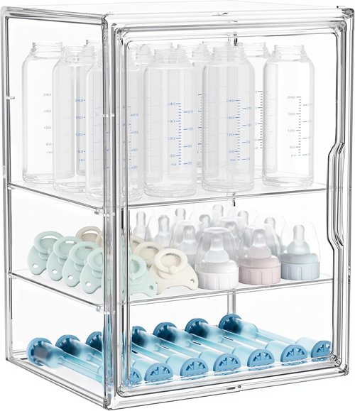 HBlife Baby Bottle Storage Organizer - 3-Tier Adjustable Clear Acrylic Station with Magnetic Door & Dividers | Large