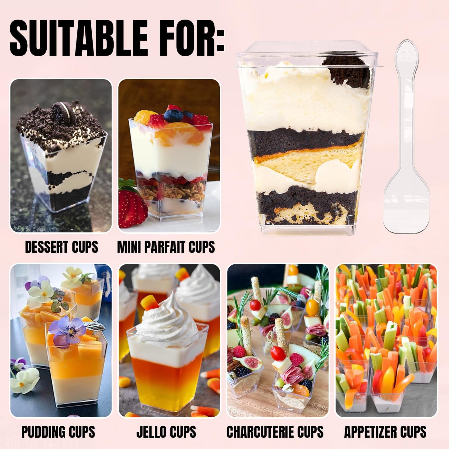 YunKo 5oz Dessert Cups with Flat Lids and Spoons, Plastic Mini Parfait and Appetizer Cups, Great for Party, Vasos Para Postres Con Tapa 100 Pack