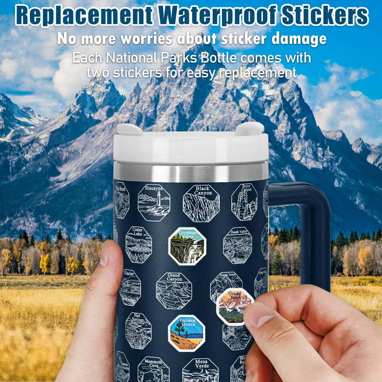 XccMe 63 National Parks Water Bottle with Stickers,40 oz Tumbler with Handle and Straw,2 Lids,40 oz Double Wall Insulated Tumbler,Stainless Steel Leak Proof Tumbler,Travel Coffee Mug (Blue)