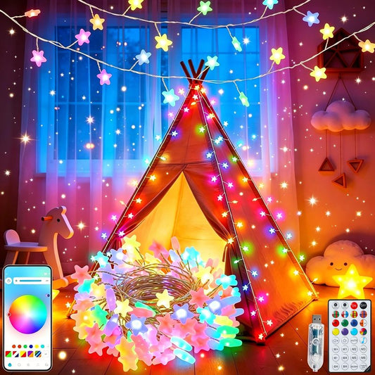 echosari Smart Firecracker Star Fairy Lights Plug in, 16 Million Color Changing String Lights RGB Built in Chip with App Remote Control Timer 10Ft Star String Lights for Bedroom Patio Party Decor