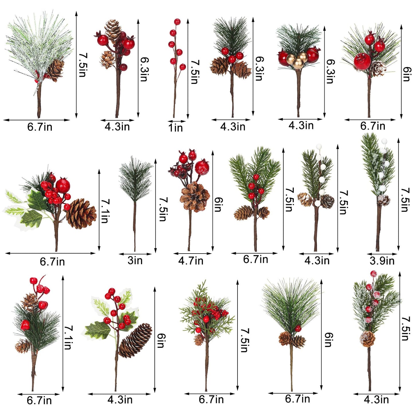 Lyrow 100 Pcs Christmas Floral Picks Christmas Tree Picks and Sprays Artificial Christmas Picks Pine Spray Picks Red Berry Picks Stems Garland Holly Picks for Christmas Wreath Decorations, 17 Styles