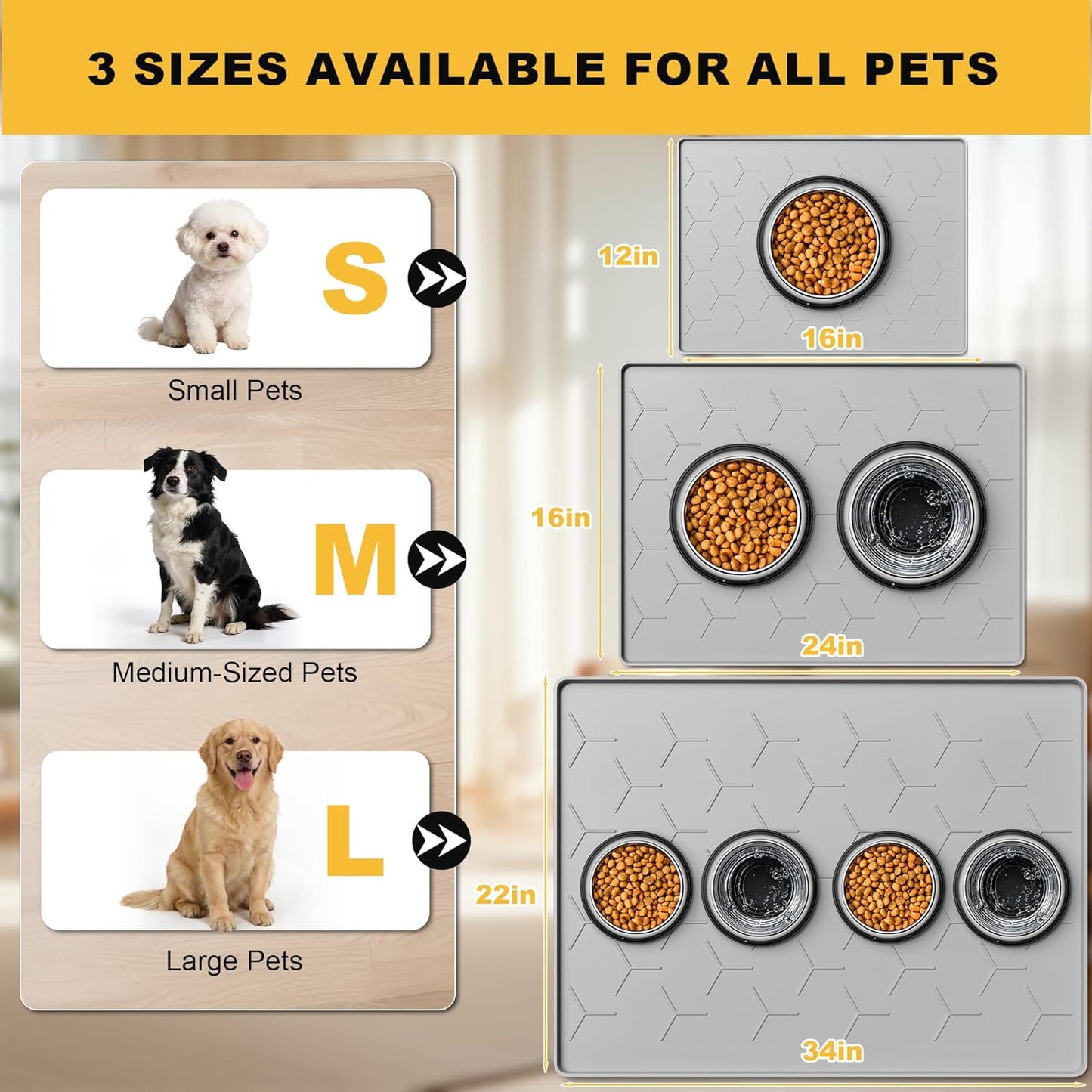 Pieviev Dog & Cat Food Bowl Mat - Waterproof Silicone, Non-Slip Design, 24''x16'', Light Gray