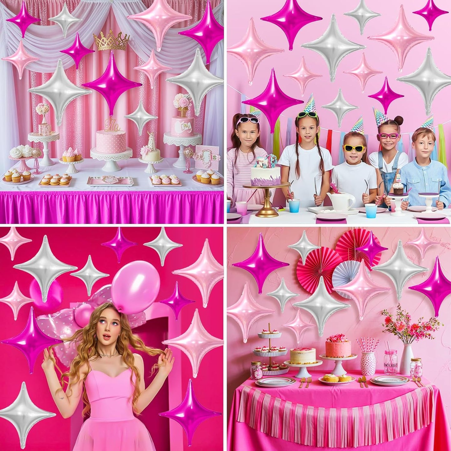 Skiennix Pink Silver Star Balloons - 12 Pcs Foil Balloons | 26-Inch & 10-Inch for Birthday & Anniversary Decor
