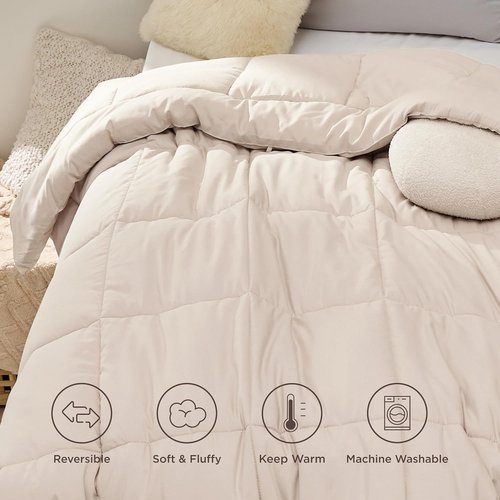 Bedsure Comforter Duvet Insert - All-Season Twin Size Quilted Bedding, GentleSoft Down Alternative, Beige 88 x 68 Inches