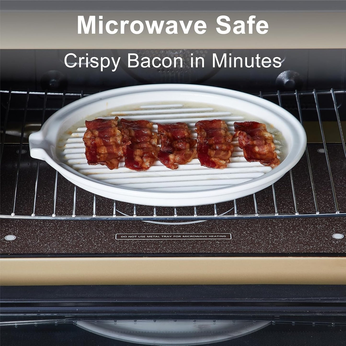 ONEMORE Microwave Bacon Tray - Ceramic Cooker for Crispy Bacon | 11-Inch Round Dish with Lid, White