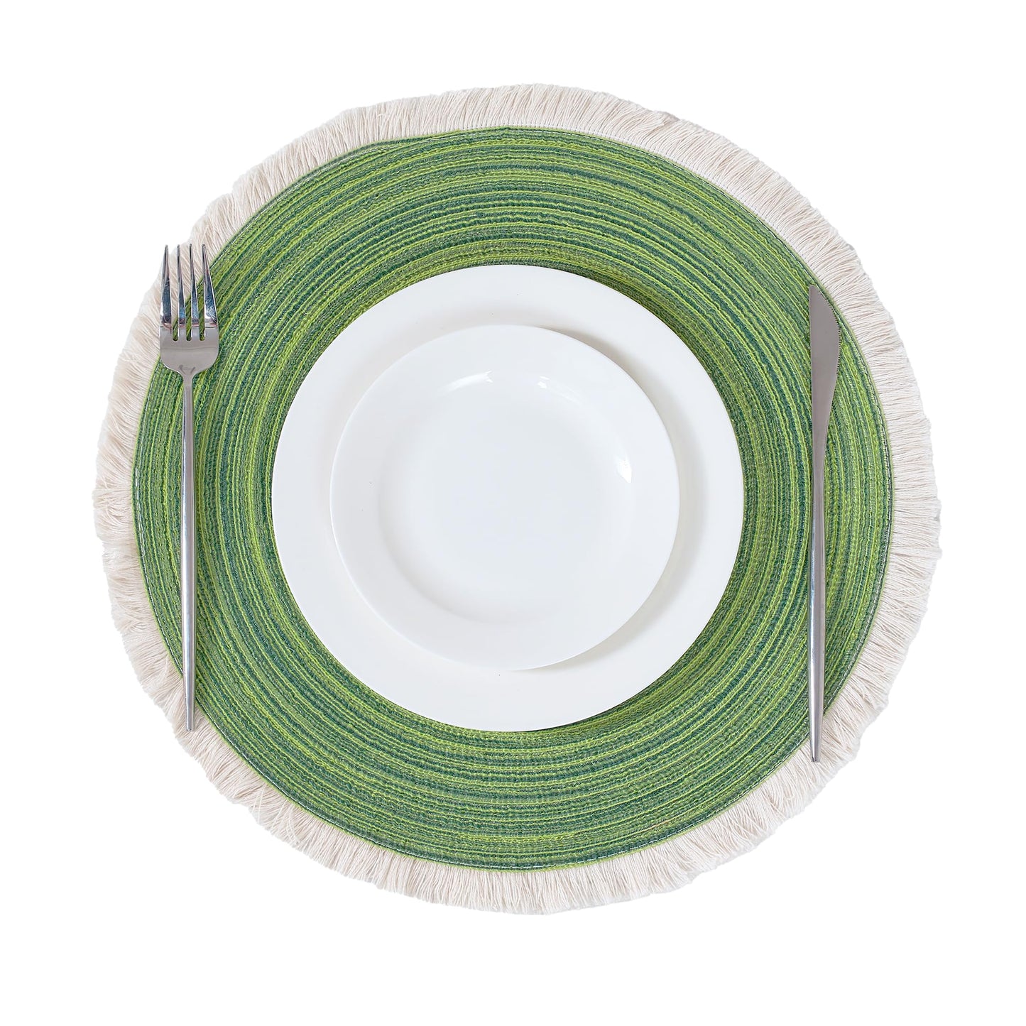 Leetaltree 15 Inch Boho Braided Christmas Placemats Set of 4 - Round Cotton Table Mats with Tassel Fringe Washable & Heat Resistant for Dining Table, Farmhouse Kitchen Decor(Green,Set of 4)
