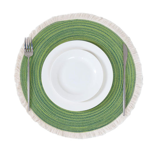 Leetaltree 15 Inch Boho Braided Placemats Set of 4 - Round Cotton Table Mats with Tassel Fringe Washable & Heat Resistant for Dining Table, Farmhouse Kitchen Decor(Beige,Set of 4)