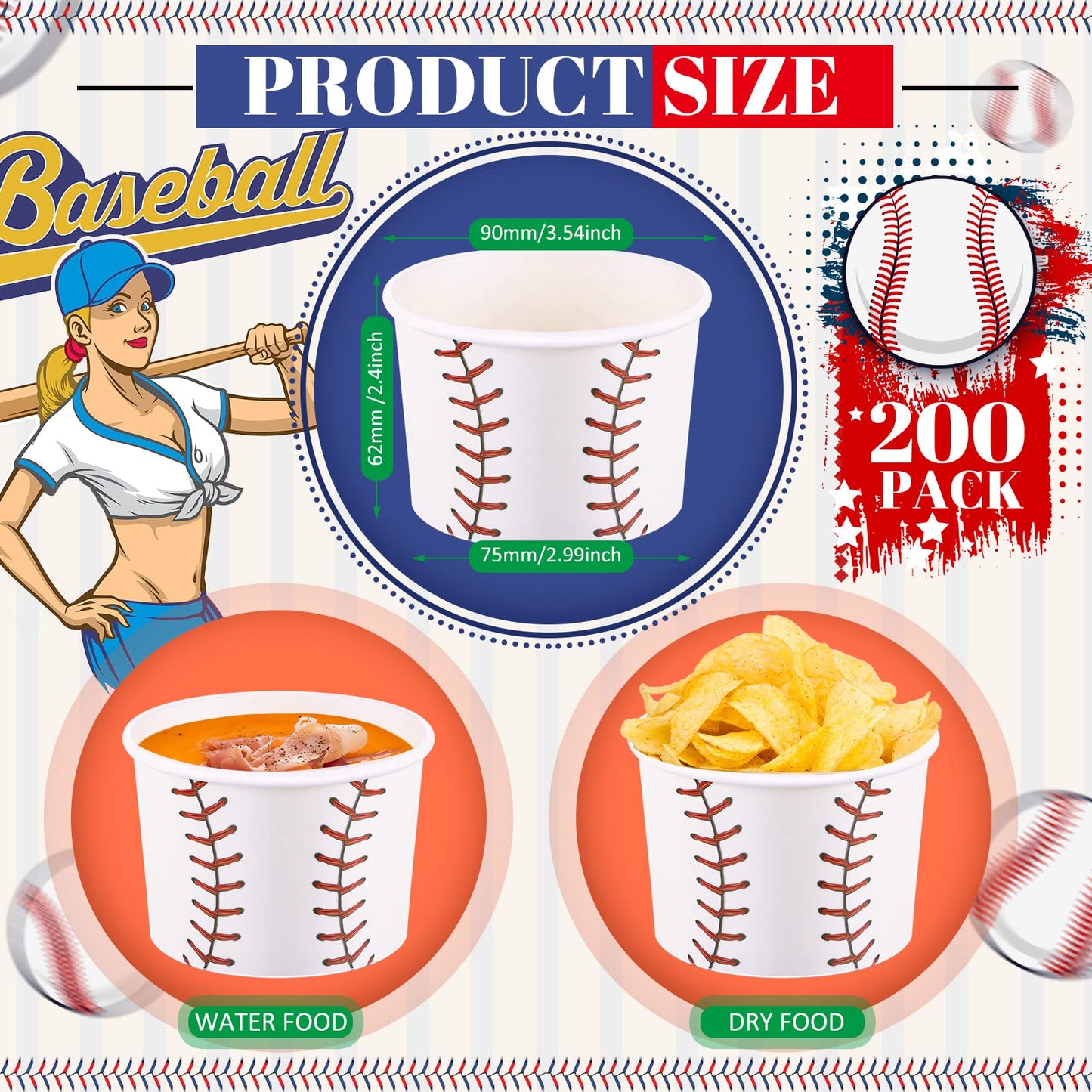 200 Pieces Baseball Party Snack Bowl Ice Cream Bowls 9 oz Soup Cup Baseball Serving Dishes for Parties Disposable Paper Food Tasting Cups Baseball Party Supplies Game Day Decorations Dessert Cups