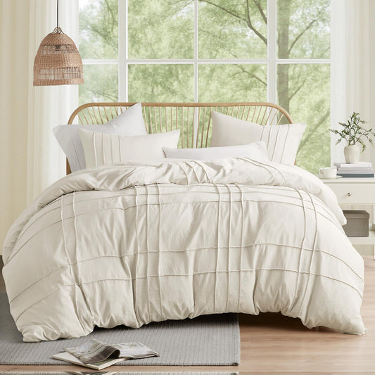 Comfort Spaces Cream Queen Size Duvet Cover Set - 3 Pieces Pintuck Pleated Duvet Cover Queen, All Season Lightweight, Extra Softness Pre-Washed Microfiber Queen Bedding Cover Shams, Full/Queen