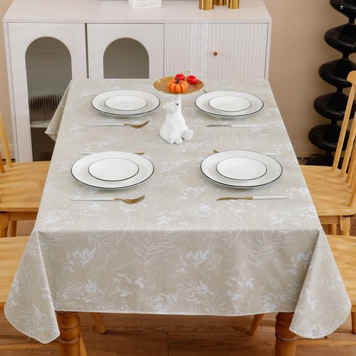 Heavy Duty Vinyl Tablecloth with Flannel Backing Waterproof Oil-Proof Plastic Table Cloth Stain-Resistant Wipeable Rectangle or Square Table Cover for Indoor and Outdoor (Beige Leaf,54x54 Inch)