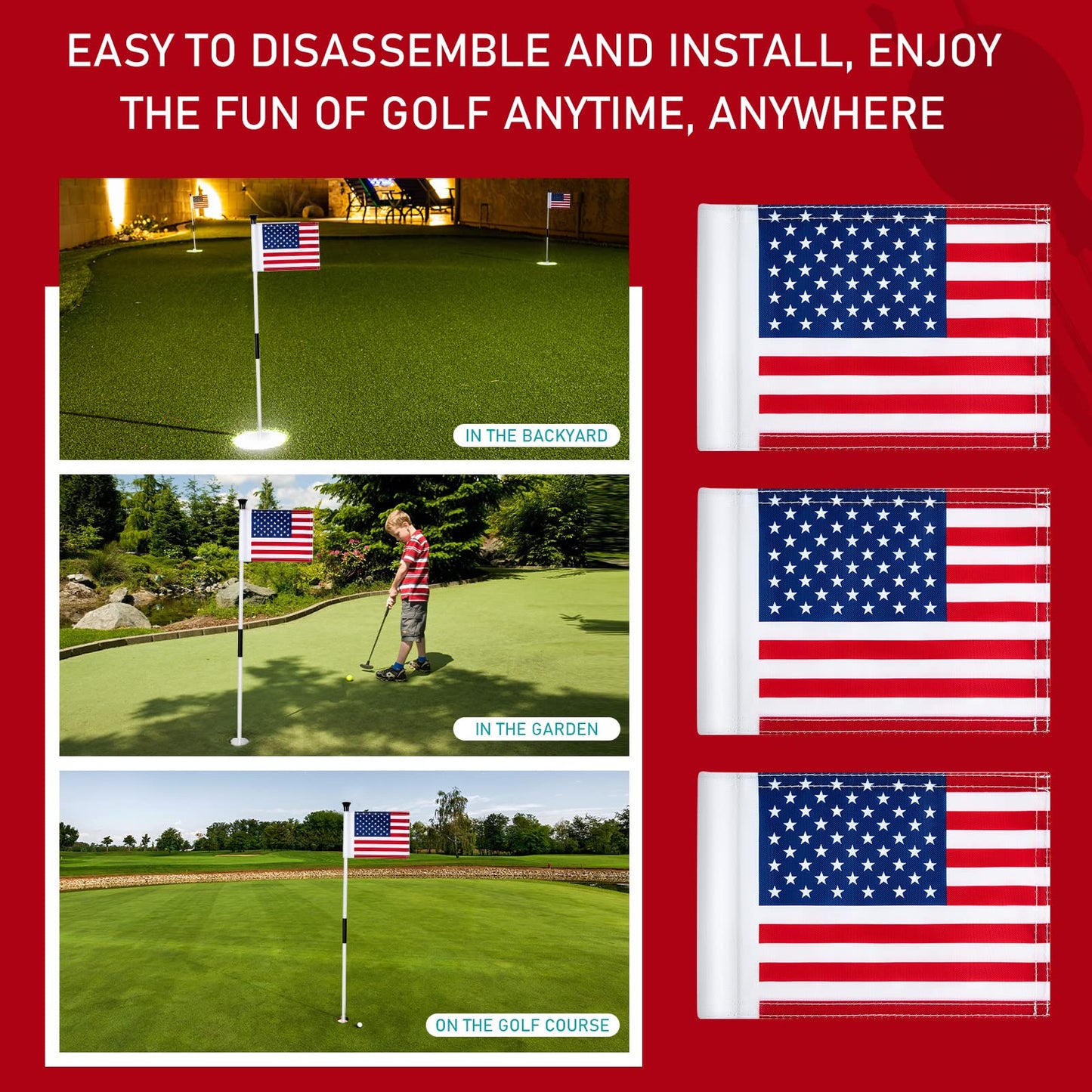 Moukeren 9 Pcs Golf Flag 8 x 6 Inch Putting Green Standard Practice American USA Double Side 420d Nylon for Indoor Outdoor Backyard Veterans Day Patriotic(hole Diameter 0.51)