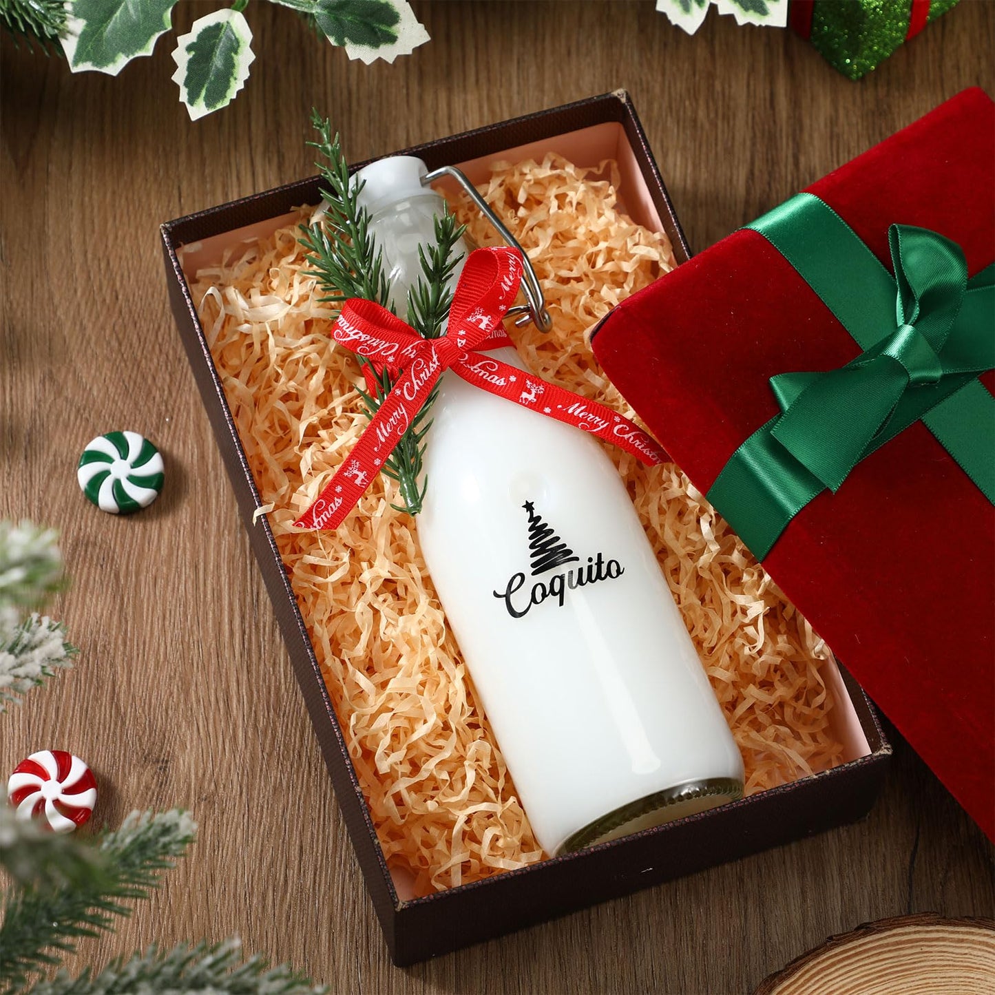 Sieral 12 Pack Christmas Coquito Glass Bottle 8oz Clear Flip Swing Top Beer Brewing Bottles with Ribbon and Artificial Branches for Liquids Wine Christmas Tree Xmas Gifts