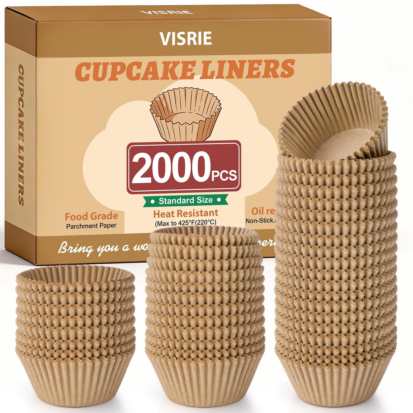 VISRIE Standard Muffin Liners 2000Pcs, Natural Parchment Paper Cupcake Liners for Baking, No Smell, Grease-Proof Muffin Cups, Food-grade Baking Cups for Cupcakes, Muffins, Nuts