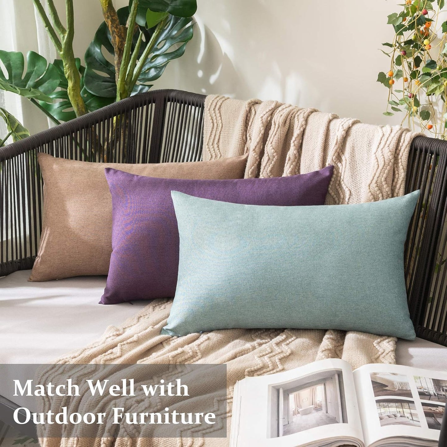 MIULEE Decorative Outdoor Throw Pillow Covers - Waterproof Faux Linen Cushion Cases | 20x12 Inch Khaki (Pack of 2)