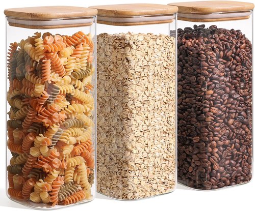 ComSaf 1.9 Qt Glass Storage Containers - Clear Square Canister Set of 3 for Pantry Organization