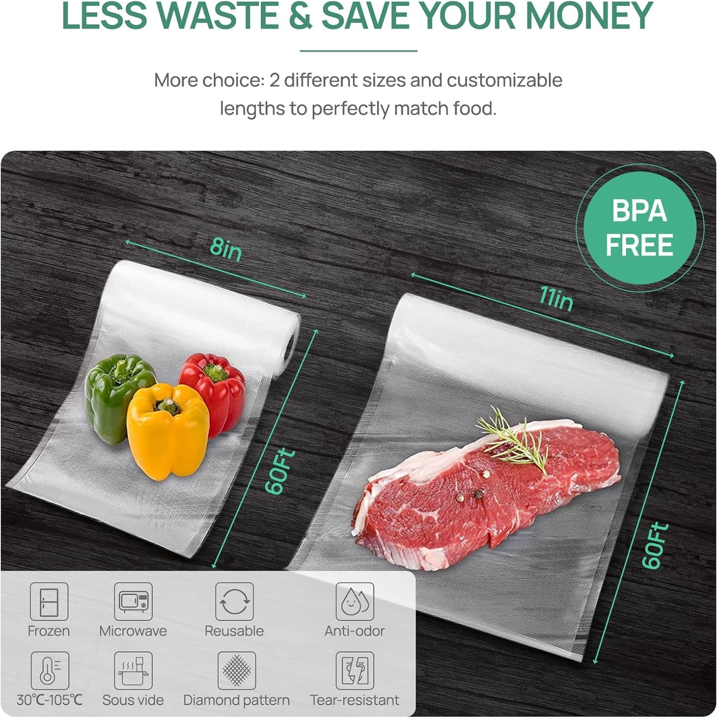 Vakumar Vacuum Sealer Bags - 2 Pack 11''x60' Rolls | BPA-Free, Ideal for Food Storage & Sous Vide