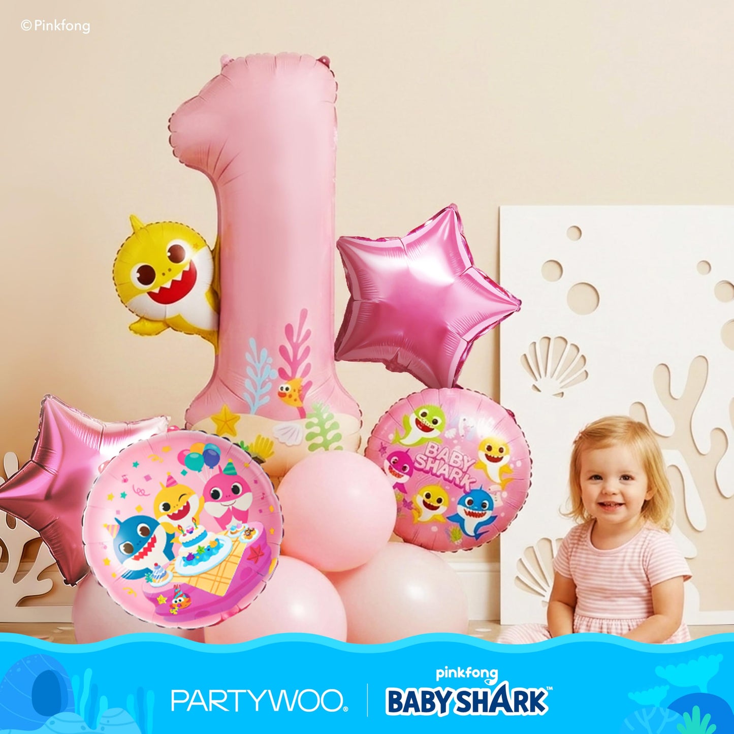 PartyWoo Baby Shark Pink Foil Number 1 Balloon 5pcs 40 18 Inch Pink Round Star Mylar Helium Birthday Balloons for Boys and Girls Baby Shark Under the Sea Ocean Kids First Birthday Party Decorations