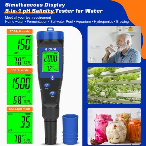 GIDIGI Salt Tester for Pool, pH Meter Digital 5-in-1 pH TDS EC Salt Content Meter with Calibration Solution Set, pH ppm Meter for Salt Water Pool, Aquarium, Hot Tub, Spa, Hydroponics, Home Brew