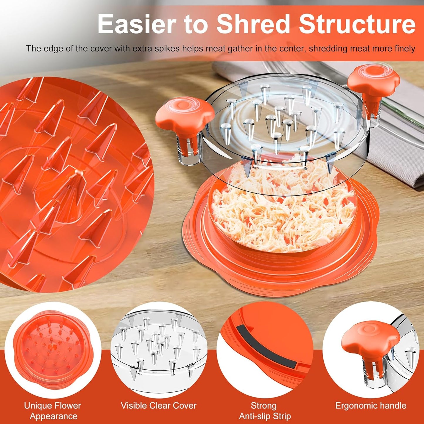 SURETIVIAN Chicken Shredder - Ergonomic Meat Shredder Tool with Brush & Fork | BPA-Free, Anti-Slip, Large Size (Orange)