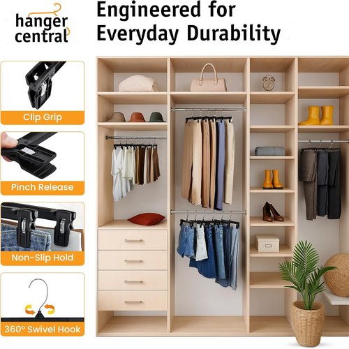 Hanger Central 12 Inch Slim Plastic Pants Hangers - Heavy Duty Space-Saving Clips for Skirts & Shorts - Black