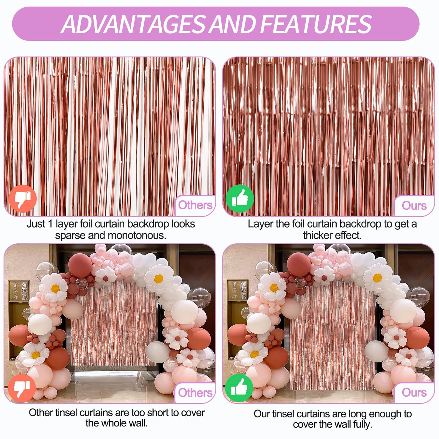 Crosize 4 Pack 3.3 x 9.9 ft Rose Gold Foil Fringe Backdrop Curtain, Streamer Backdrop Curtains, Streamers Birthday Party Decorations, Tinsel Curtain for Parties, Photo Booth Backdrops, Party Décor
