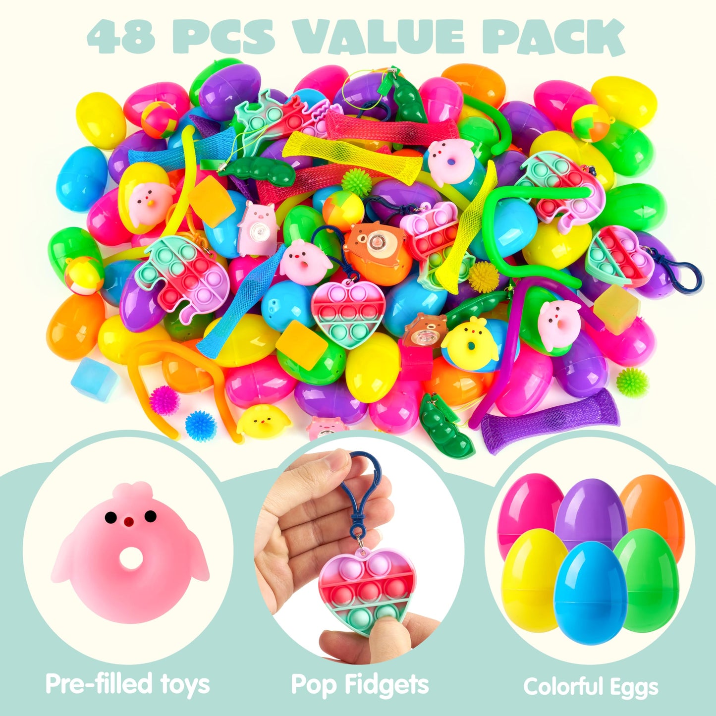 JOYIN 48Pcs Prefilled Easter Eggs with Assorted Toys, Filled Easter Eggs, Easter Egg Hunt, Easter Basket Stuffers for Toddler