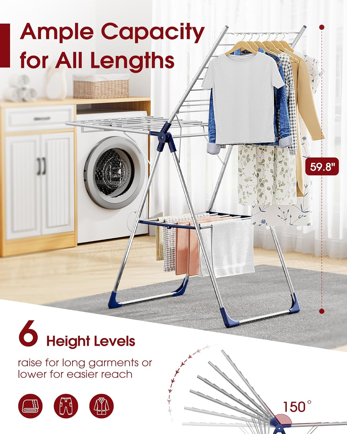 Sakugi Clothes Drying Rack - Height-Adjustable Metal Laundry Dryer Stand for Indoor & Outdoor Use | 55.5" L × 22.8" W, Silver Blue