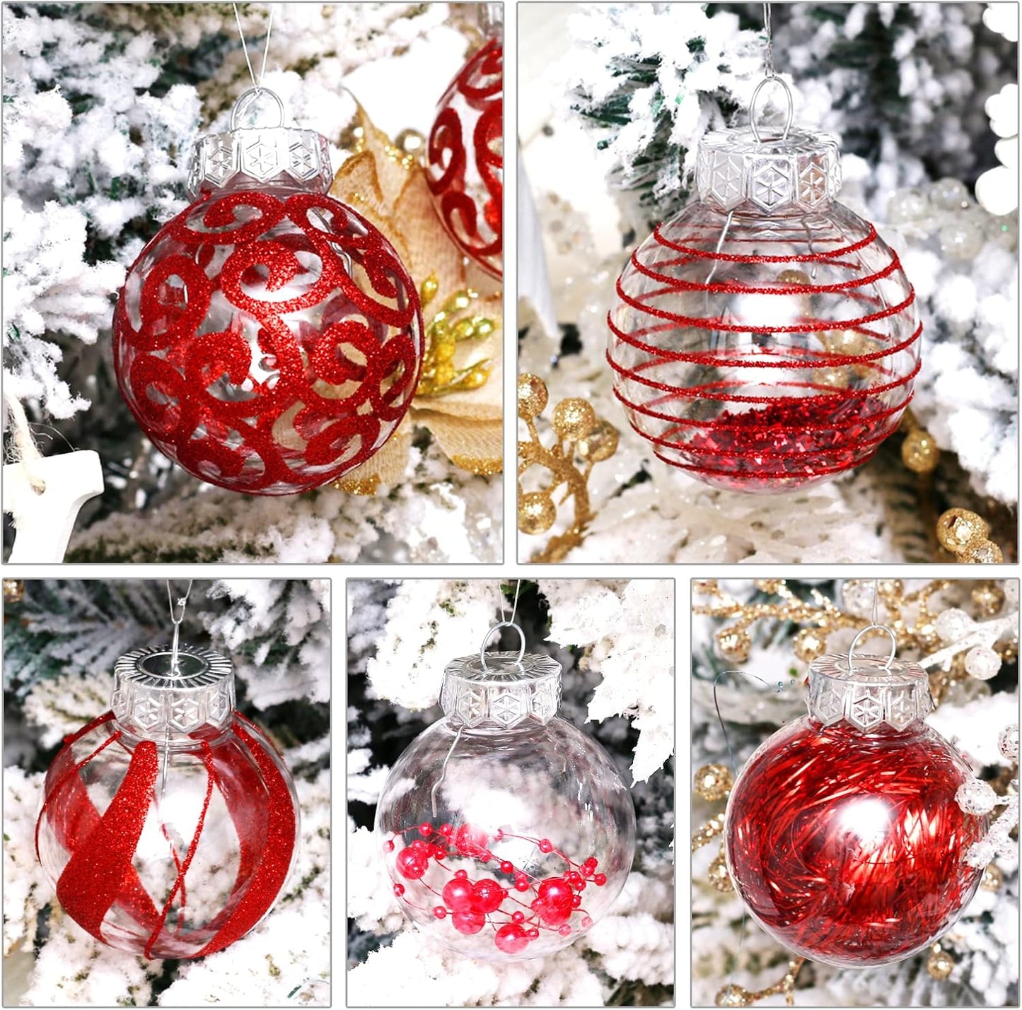 Skiennix Christmas Ornaments Set - 30pcs Shatterproof Red & Clear Baubles for Holiday Decor | 60MM Size