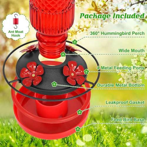 FEED GARDEN Glass Hummingbird Feeder - 16oz Leak-Proof Design with Ant Moat & Bee Guards