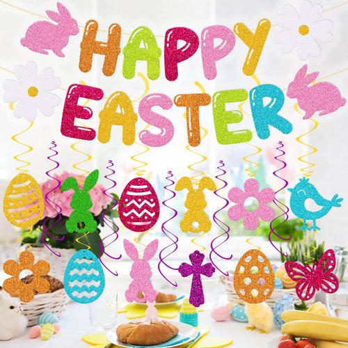 Easter Party Decoration Set Happy Easter Banner with 17 Pcs Hanging Swirl Decor Hello Spring Garland Eggs Hunting Bunnies Flowers Goodies Chocolate Jesus theme Party Supplies
