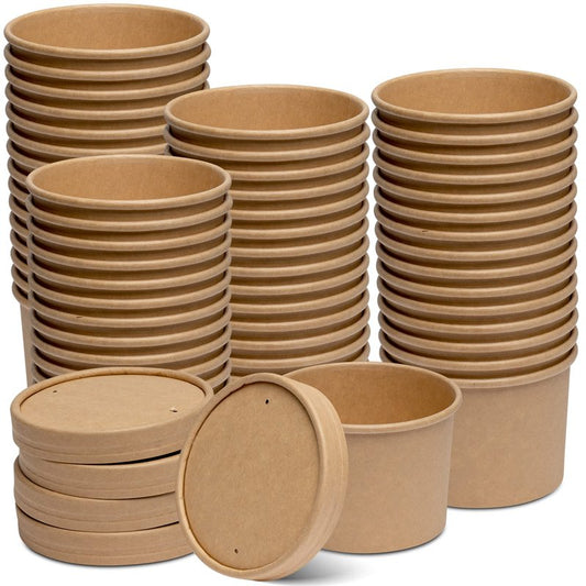 GUSTO 12 oz. Kraft Paper Food Containers with Vented Lids - [50 Count] To Go Hot Soup Bowls, Disposable Ice Cream Cups, Ideal for Hot and Cold Foods - (Formerly Comfy Package)