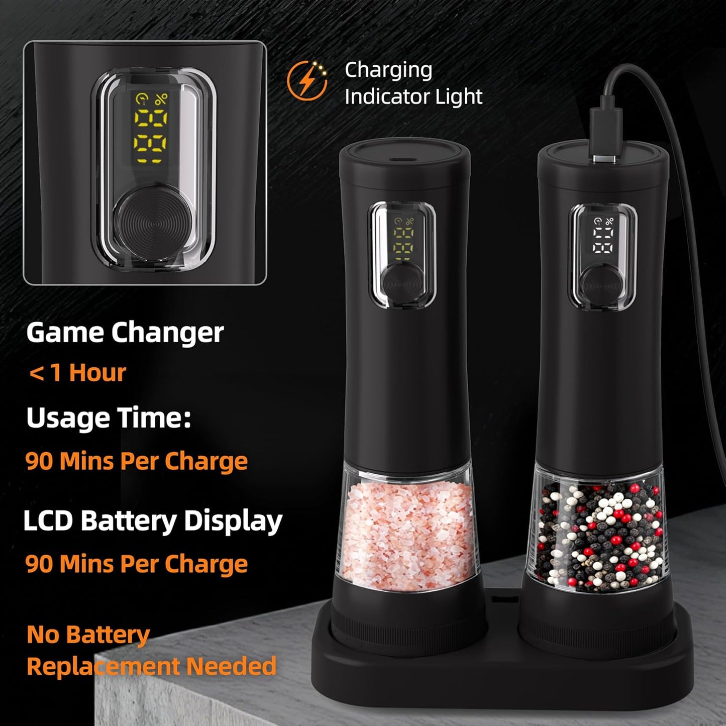 Skiennix Electric Salt and Pepper Grinder Set - Rechargeable Automatic Mill with LED Display & Adjustable Coarseness | 2-Pack, Black