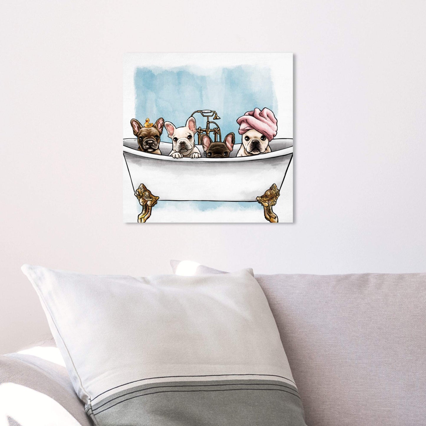 Oliver Gal Animals Modern Canvas Wall Art Frenchies In The Tub Ready to Hang Home Decor 12.0 x 12.0 White and Blue Canvas Art for Bath