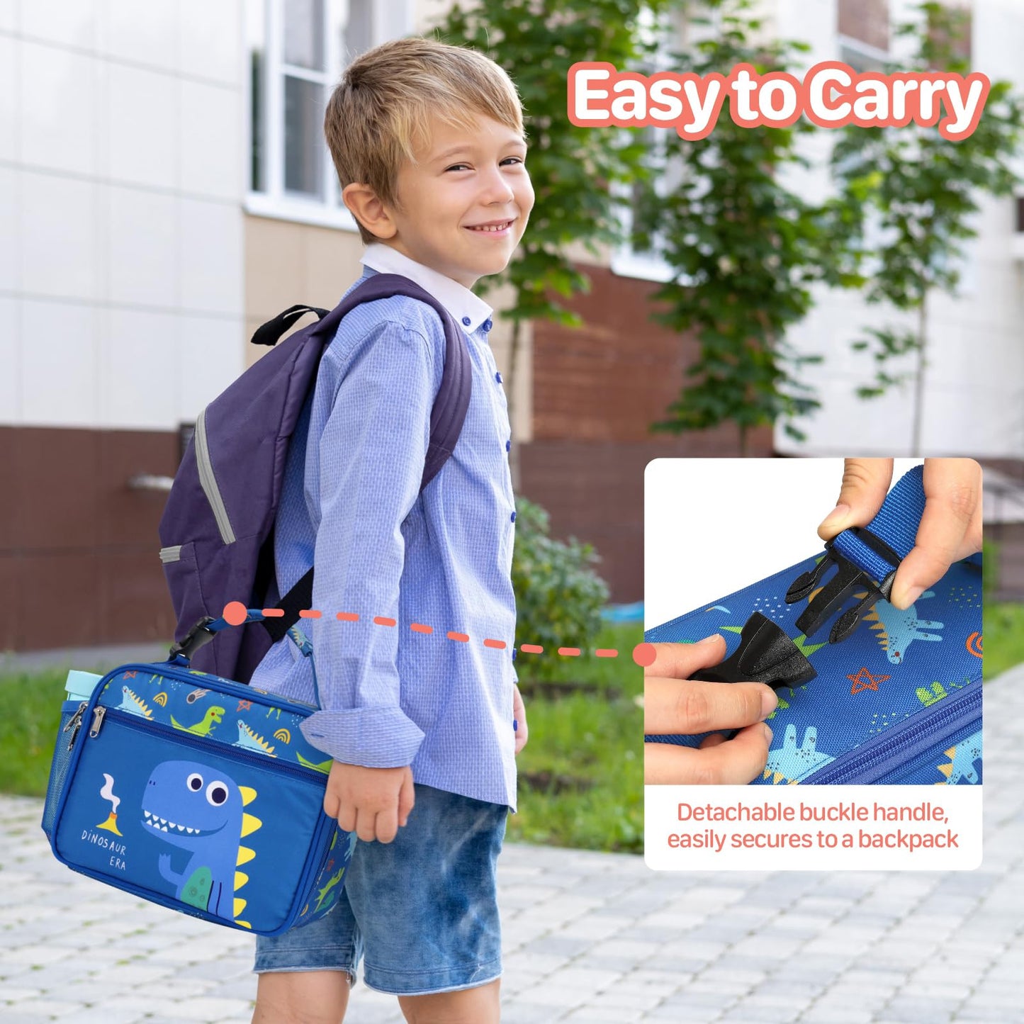 BrainyBees Insulated Kids Lunch Bag - Reusable Boys Lunch Box with Water Bottle Holder Toddler Lunch Tote Bag for Daycare and School, Easy to Clean, Blue Cute Dinosaur