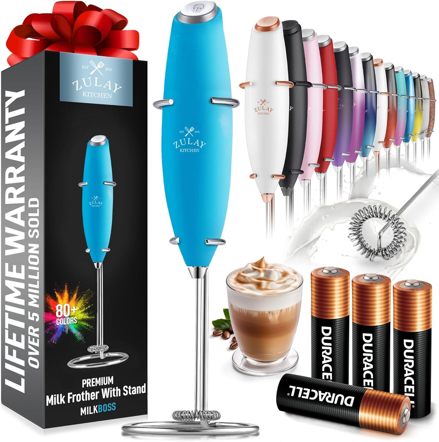 Zulay Kitchen Milk Frother Wand - Ultra-Fast Handheld Drink Mixer with 4 AA Batteries - Blue Teal