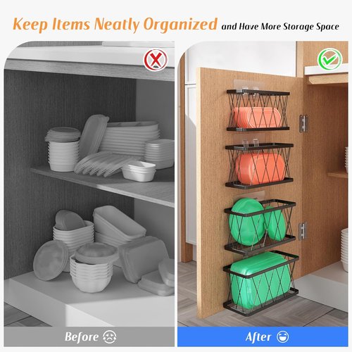 BasicForm Metal Kitchen Cabinet Door Organizer - 4 Pack Adhesive Storage for Tupperware Lids | Black