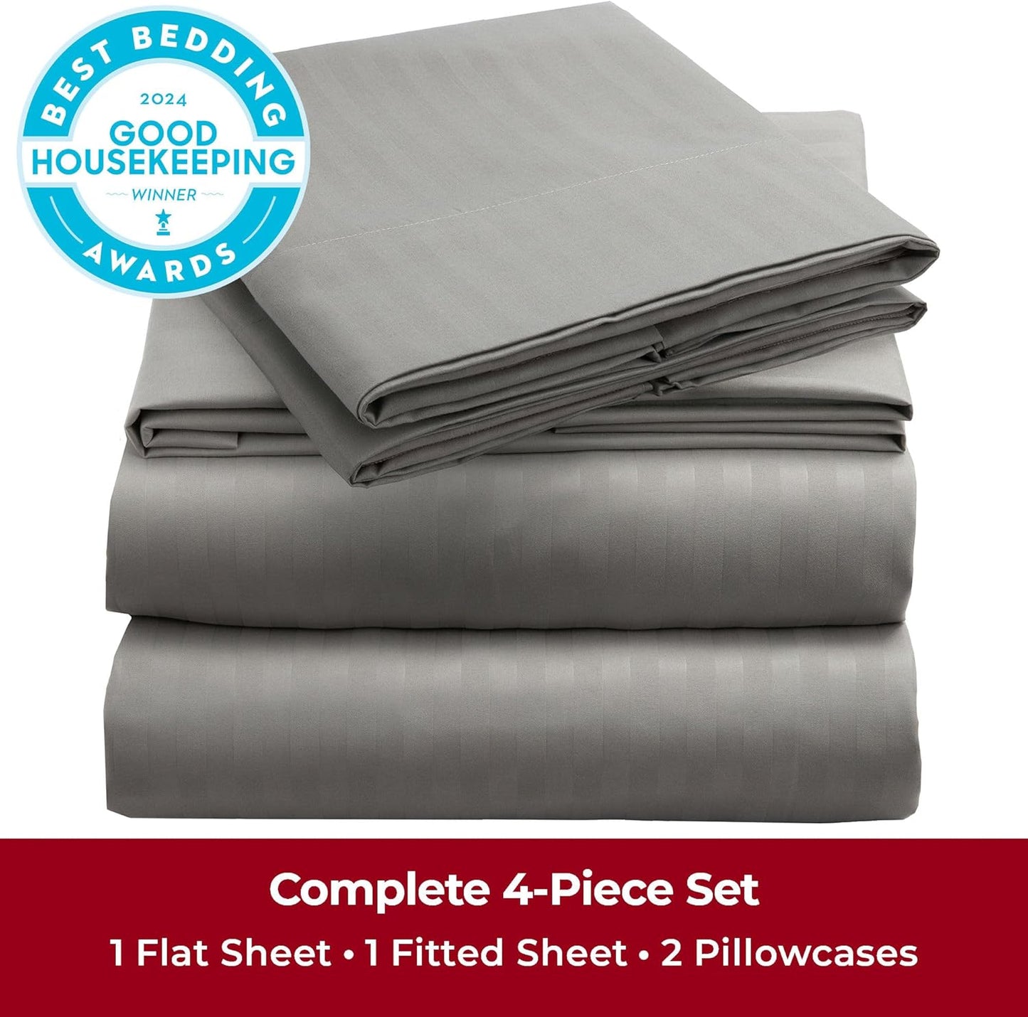 Mellanni Queen Sheets Set - 4 PC Hotel Luxury Bedding | Extra Soft, Cooling, Wrinkle-Resistant (Striped Gray/Silver)