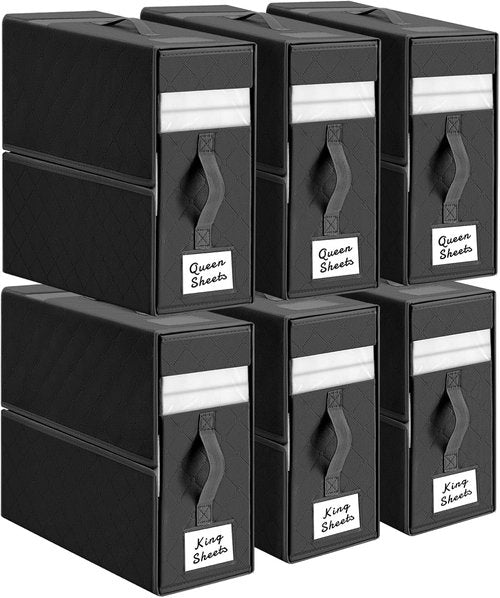Homsorout Bed Sheet Organizer - Foldable Linen Storage with Window | XL 6-Pack for Blankets & Duvet Covers, Black