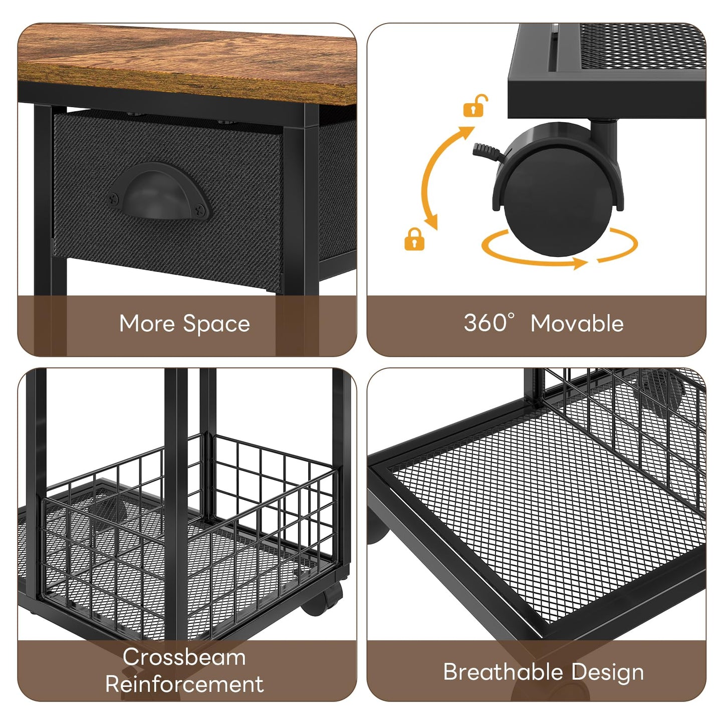 Vintage C Shaped End Table with Storage Basket, Tiltable & Large Tabletop Side Table with Drawer, Bedside Table with Wheels, Rolling C Table for Living Room, Bedroom, Bedside, Rustic Brown and Black