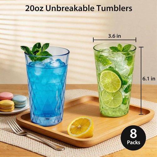 Freshmage 20 oz Unbreakable Drinking Glasses - Set of 8 Jewel Tone Reusable Tumblers | BPA-Free, Stackable, Microwave Safe