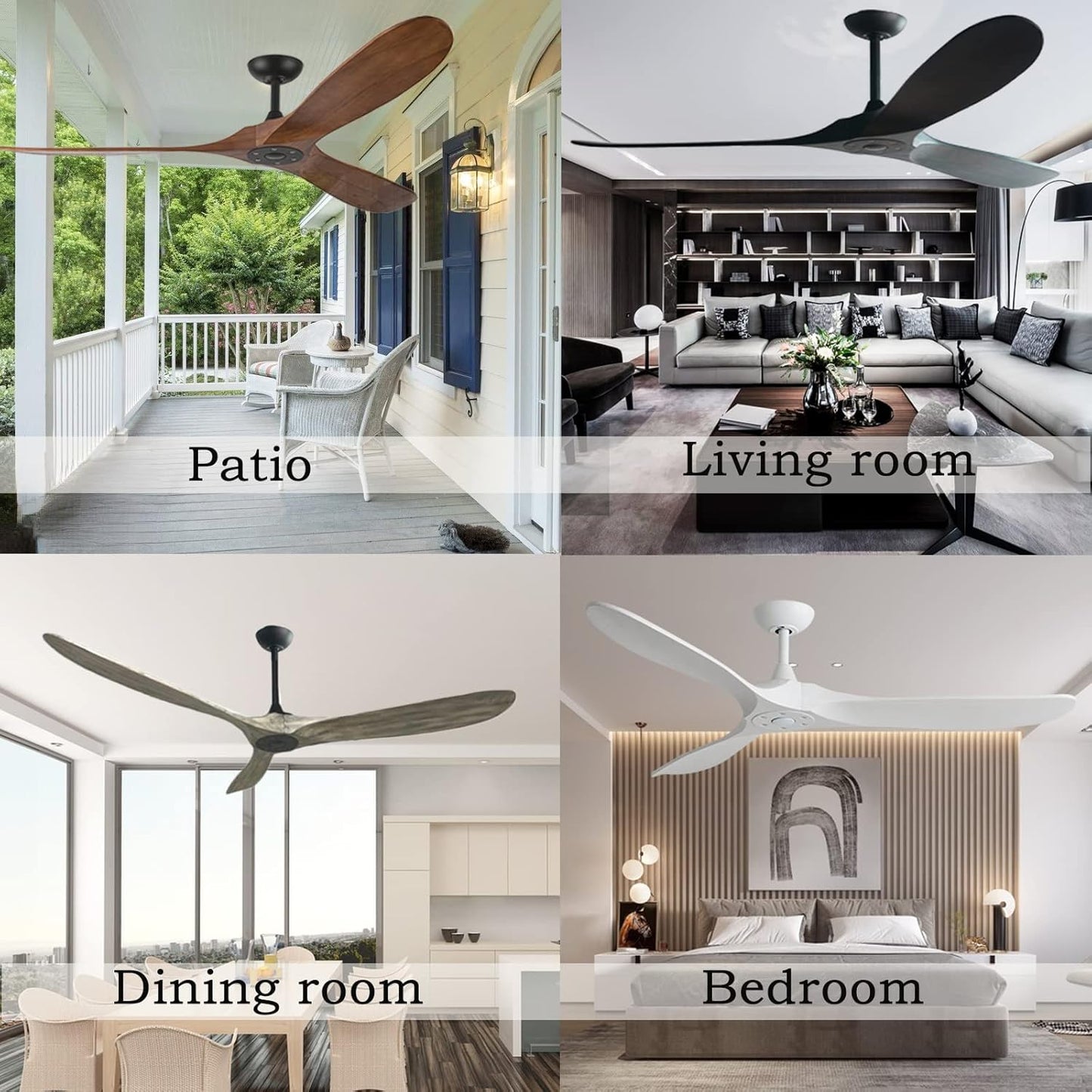 60 inch Ceiling Fans Without Lights, Wet Rated Outdoor Ceiling Fans with 3 Wood Blades, for Patios Outside Porch, Noiseless Reversible DC Motor and Remote, for Outdoor Indoor,Black