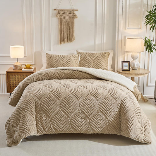 Tan Fluffy Sherpa Queen Size Blanket, Fuzzy Cozy Soft Faux Fur Bed Blanket with Pillowcases, Shaggy Velvet Thick Warm Plush Bedding for Winter (Tan, 88x88 inches + 2 Pillowcases)