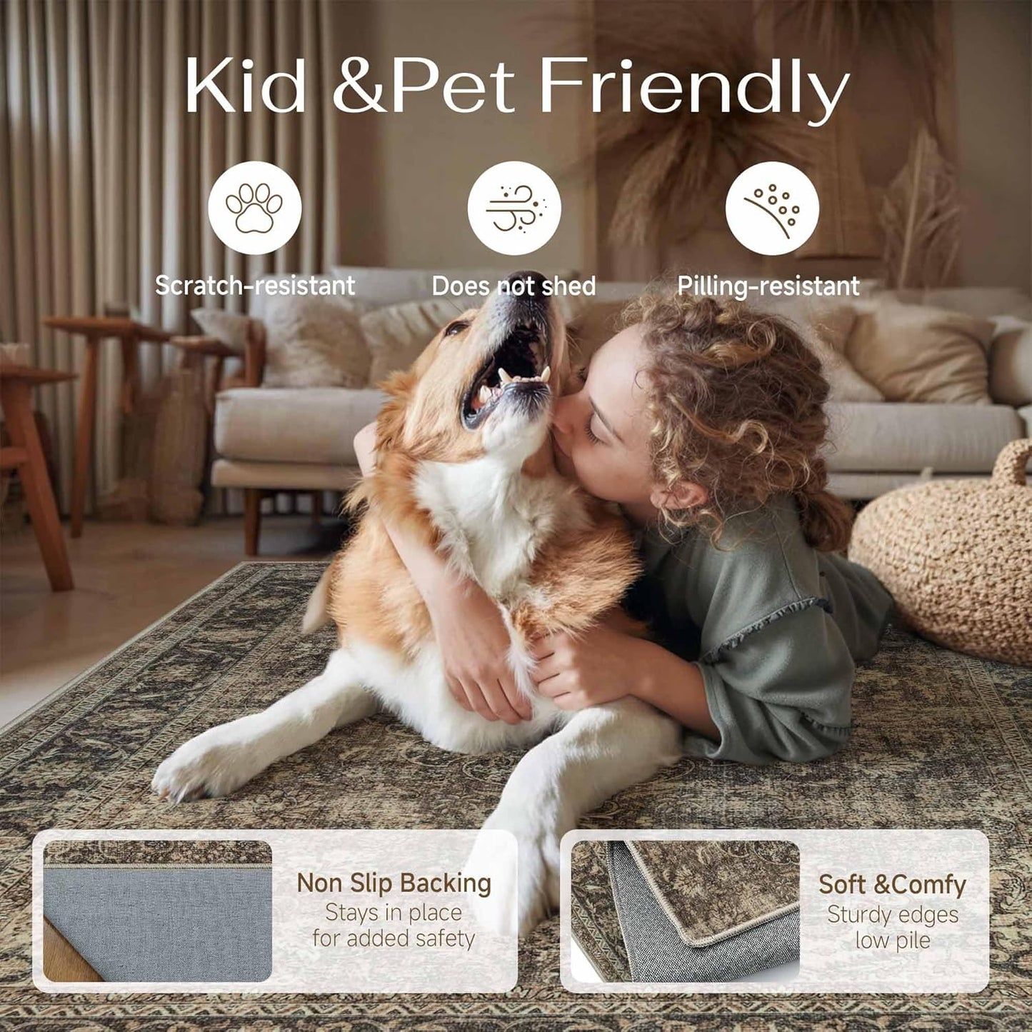 Skiennix 2x3 Washable Area Rug - Vintage Brown Non-Slip Soft Low Pile for Entryway & Kitchen