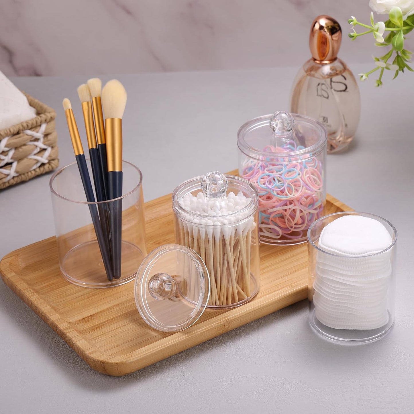 WEISHI Qtip Holder Dispenser - Clear Plastic Apothecary Jar for Cotton Balls, Swabs & Pads | 4 Pack