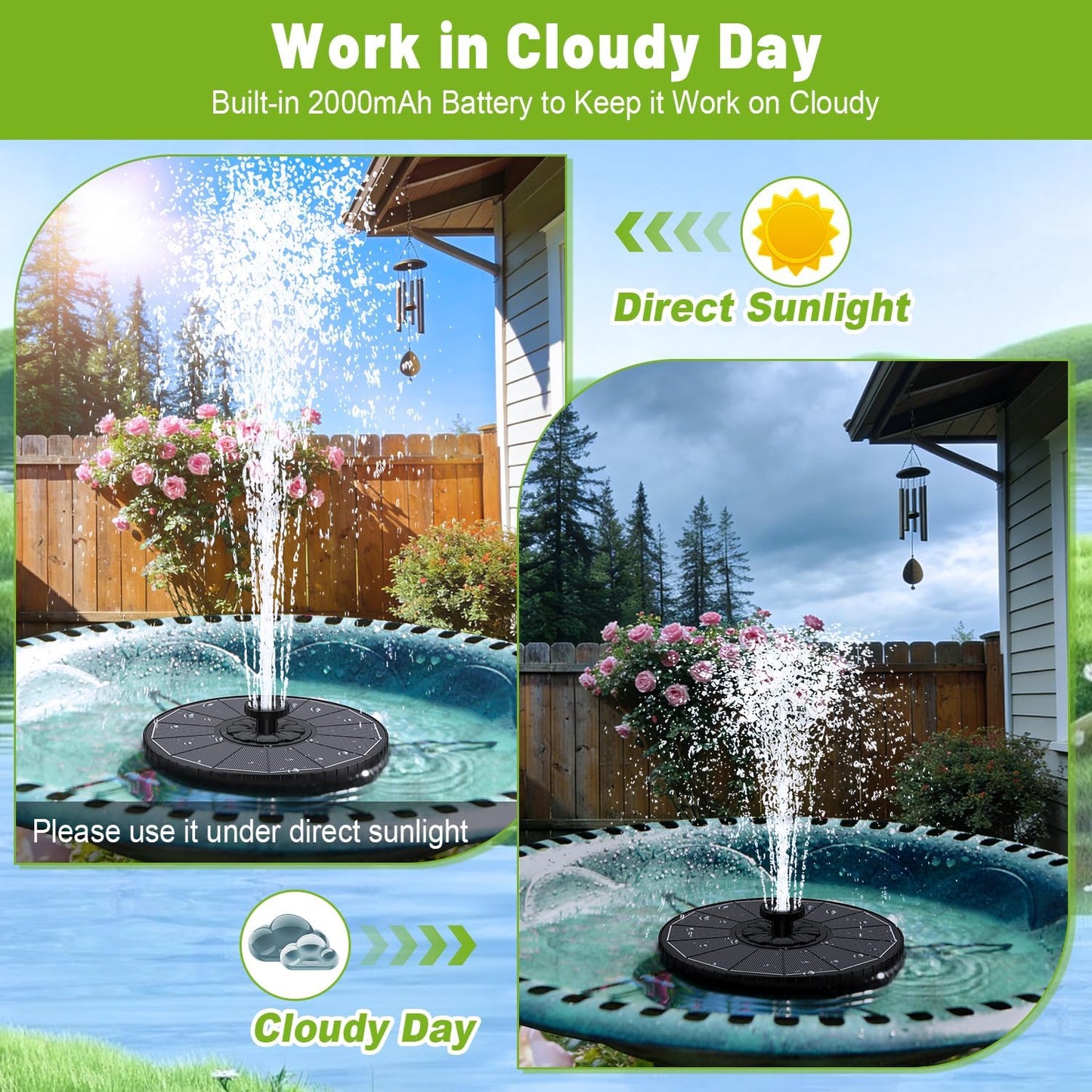 Skiennix Solar Fountain - 3 Spray Heights, 2000mAh Battery, 7 Nozzles for Garden & Pond